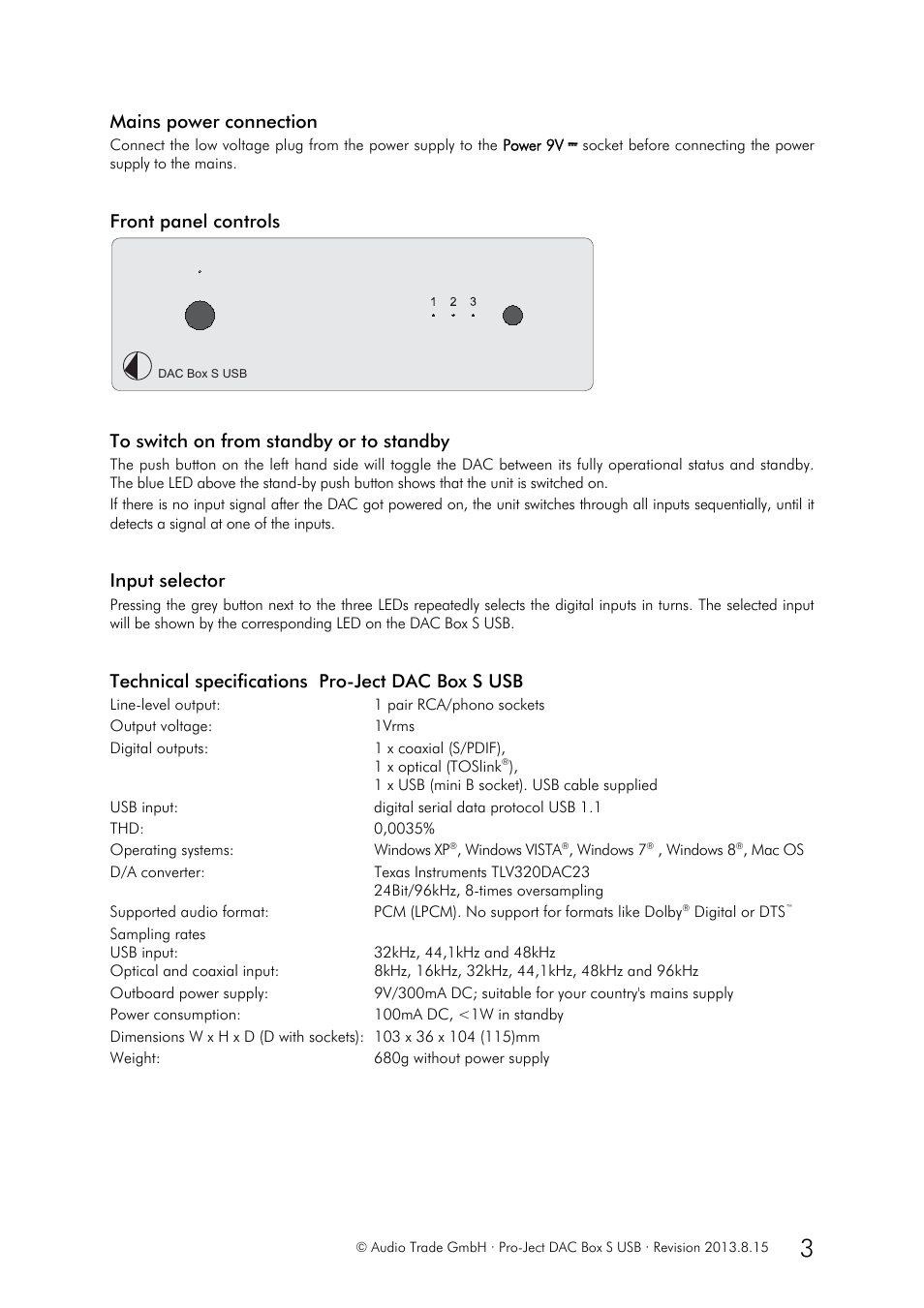 Mains power connection, Front panel controls, Input selector | Technical specifications pro-ject dac box s usb | Pro-Ject Audio Systems DAC Box S USB User Manual | Page 3 / 4