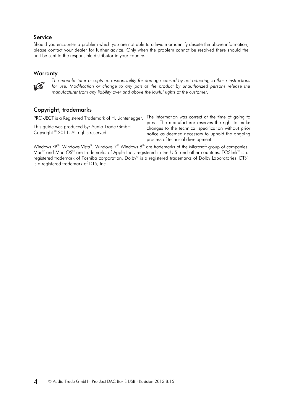 Service, Warranty, Copyright, trademarks | Pro-Ject Audio Systems DAC Box S USB User Manual | Page 4 / 4