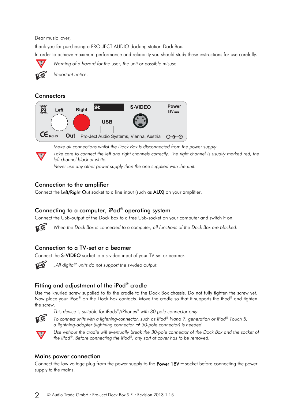 Connectors, Connection to the amplifier, Connecting to a computer, ipod | Operating system, Connection to a tv-set or a beamer, Fitting and adjustment of the ipod, Cradle, Mains power connection | Pro-Ject Audio Systems Dock Box S Fi User Manual | Page 2 / 5