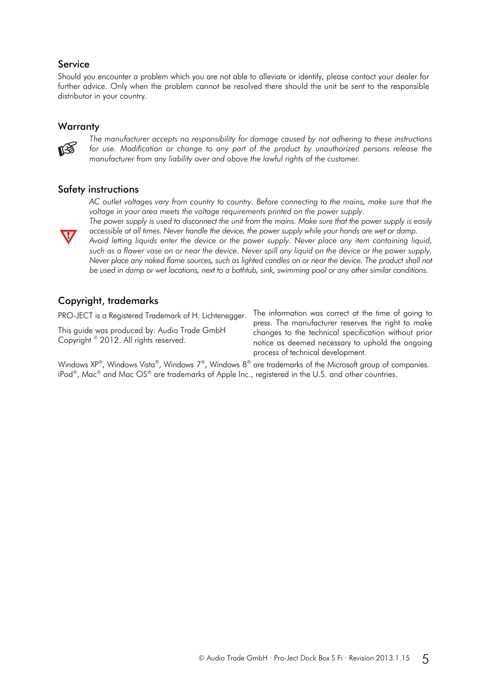 Service, Warranty, Safety instructions | Copyright, trademarks | Pro-Ject Audio Systems Dock Box S Fi User Manual | Page 5 / 5