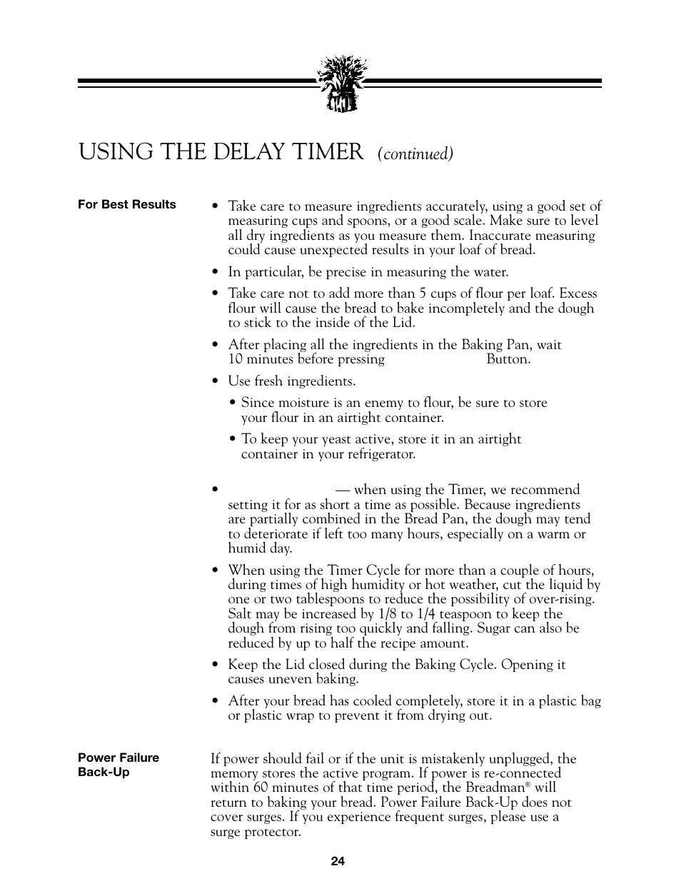 Using the delay timer, Continued) | Breadman BREAD BAKER  TR845 User Manual | Page 26 / 53