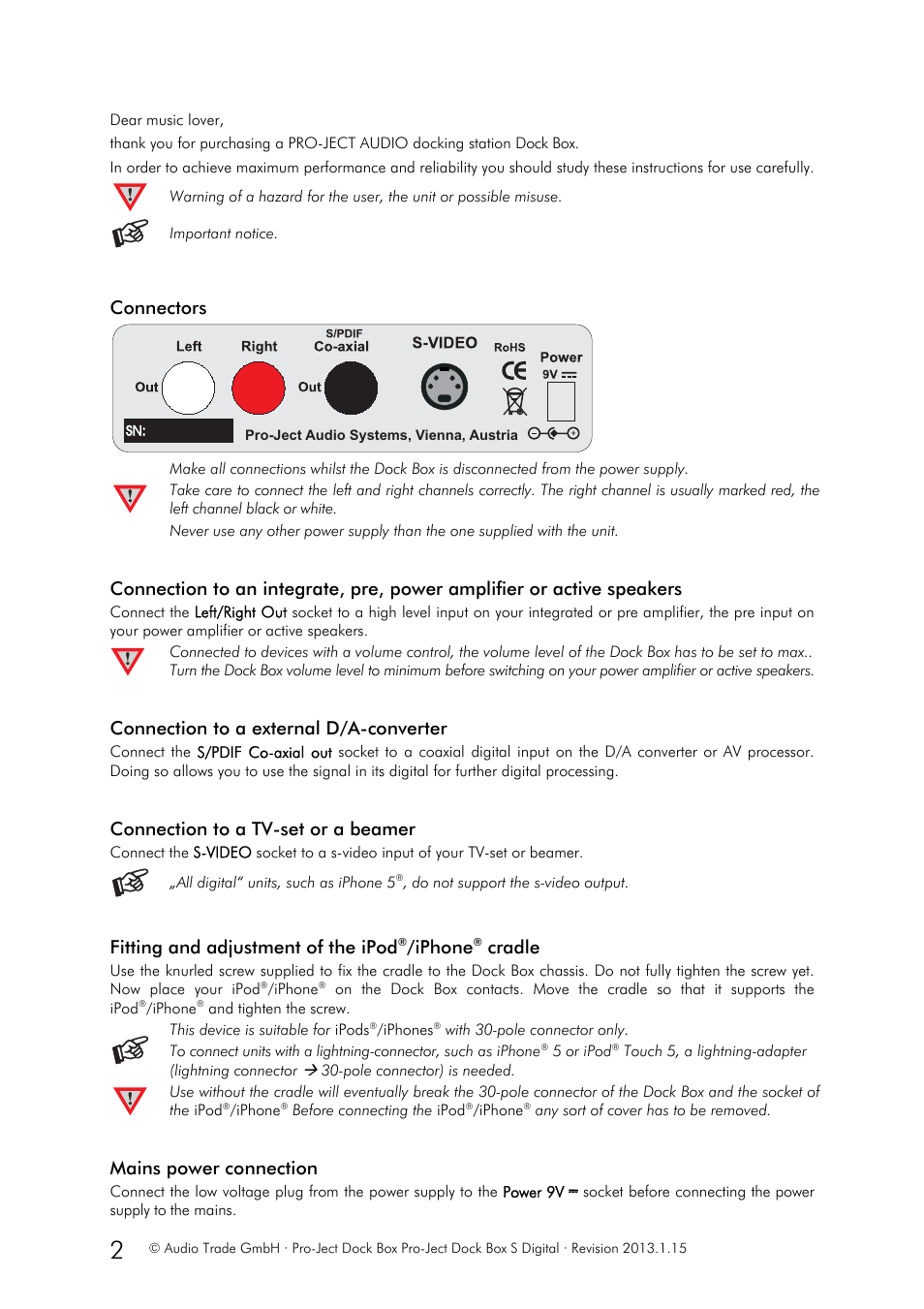 Connectors, Connection to a external d/a-converter, Connection to a tv-set or a beamer | Fitting and adjustment of the ipod, Iphone, Cradle, Mains power connection | Pro-Ject Audio Systems Dock Box S Digital User Manual | Page 2 / 5