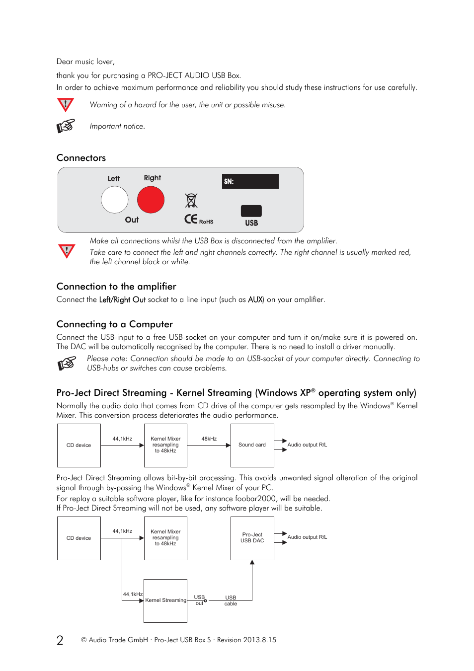 Connectors, Connection to the amplifier, Connecting to a computer | Operating system only) | Pro-Ject Audio Systems USB Box S User Manual | Page 2 / 3