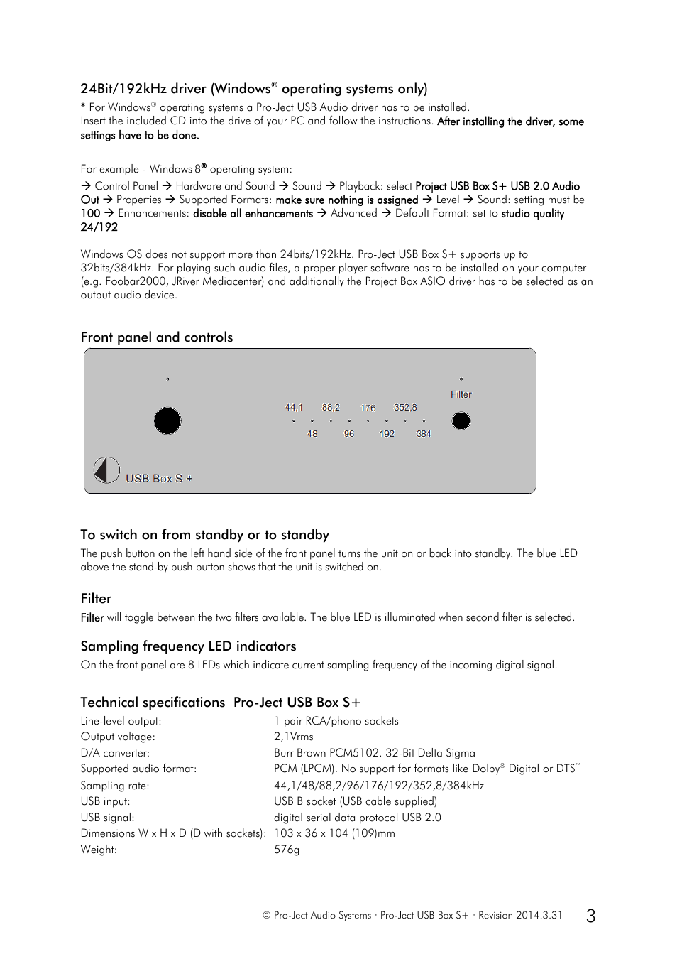 Operating systems only), Filter, Sampling frequency led indicators | Technical specifications pro-ject usb box s | Pro-Ject Audio Systems USB Box S User Manual | Page 3 / 4