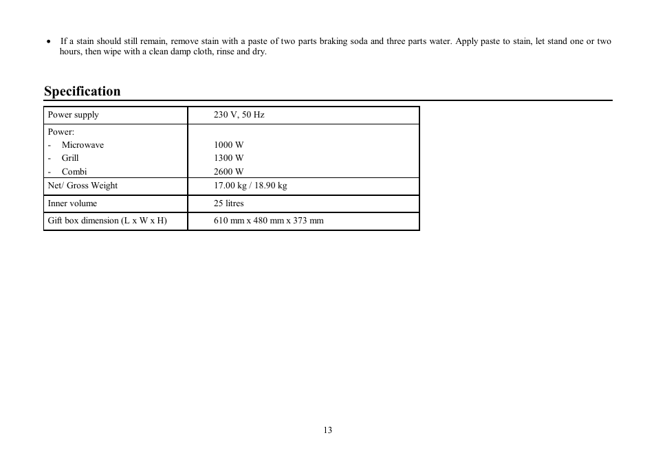Specification | Hyundai H-MW1425 User Manual | Page 13 / 26