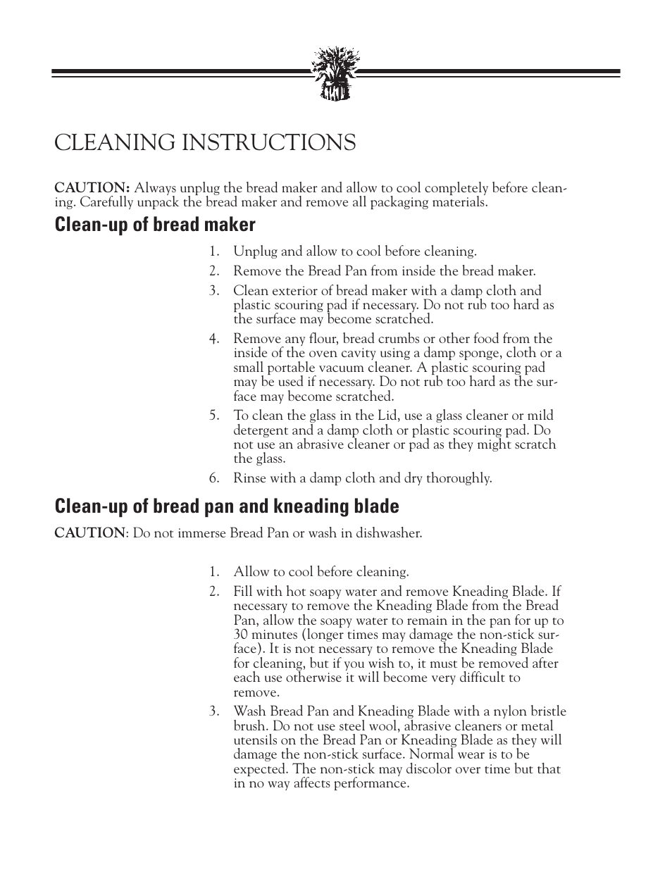 Cleaning instructions, Clean-up of bread maker, Clean-up of bread pan and kneading blade | Breadman TR888 User Manual | Page 21 / 30