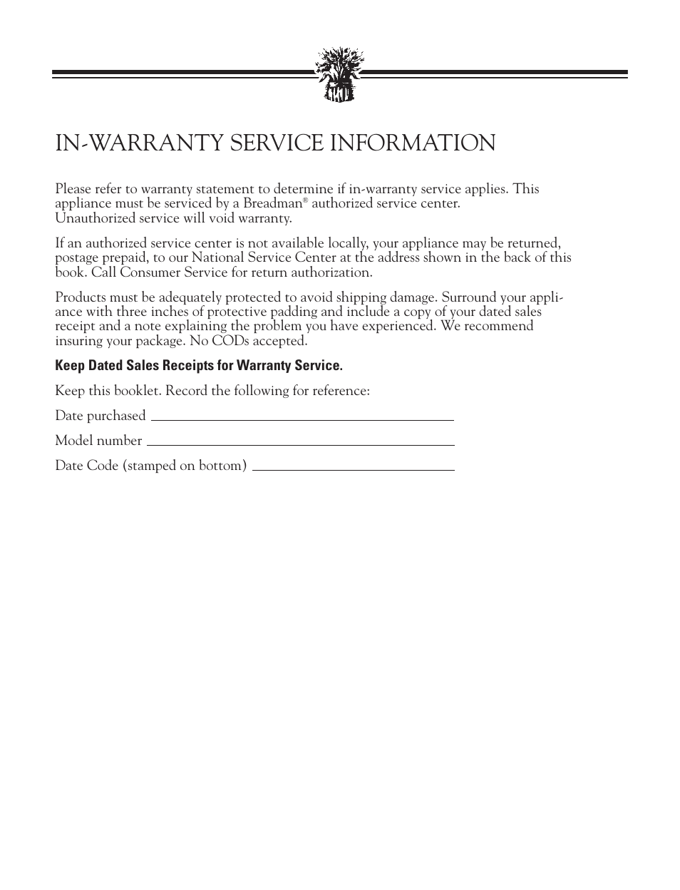In-warranty service informat, Specifications, In-warranty service information | Breadman TR888 User Manual | Page 26 / 30