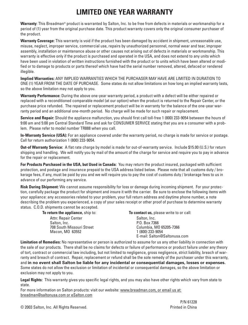 Limited one year warranty | Breadman TR888 User Manual | Page 28 / 30