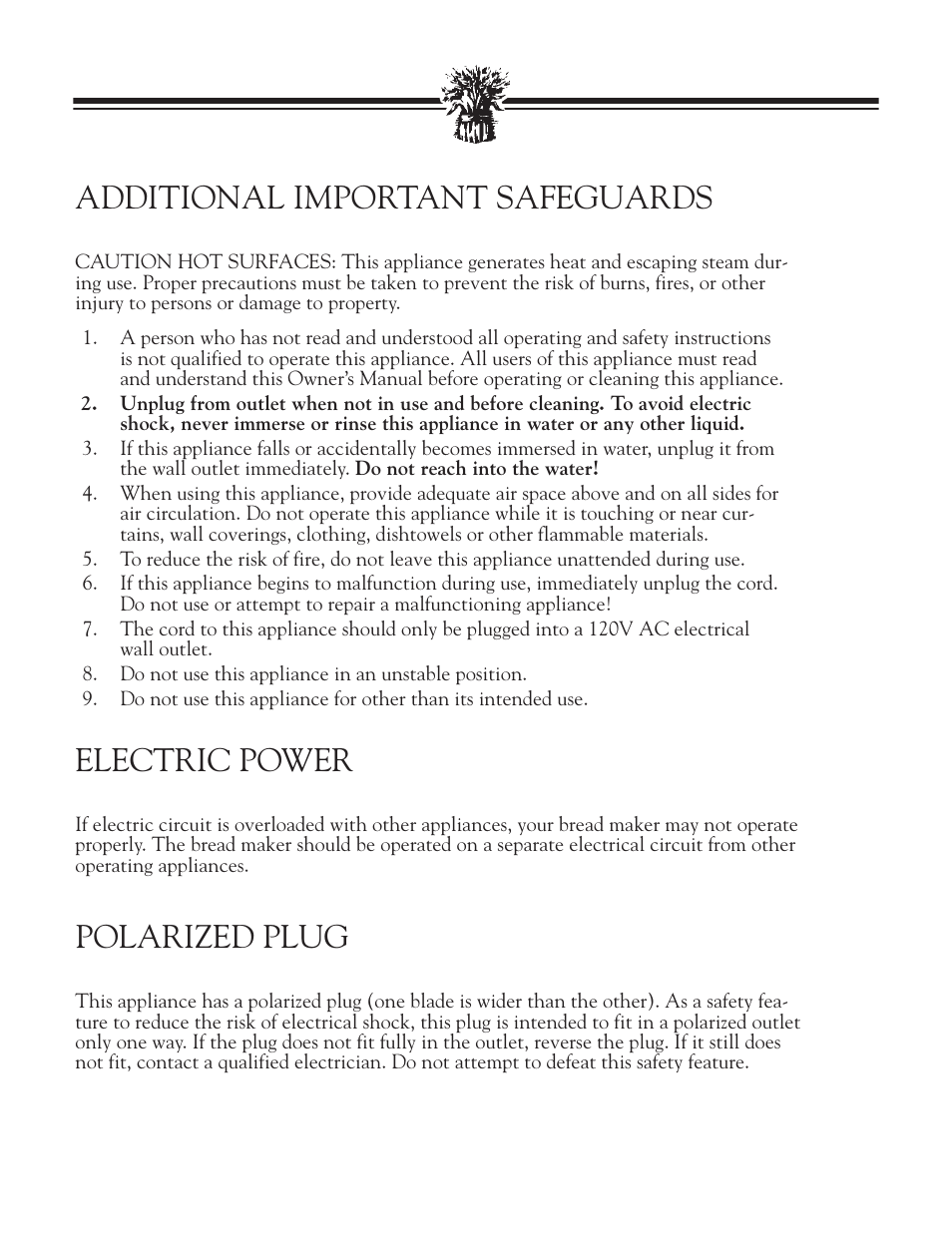 Additional important safegua, Electric power, Polarized plug | Additional important safeguards | Breadman TR888 User Manual | Page 4 / 30