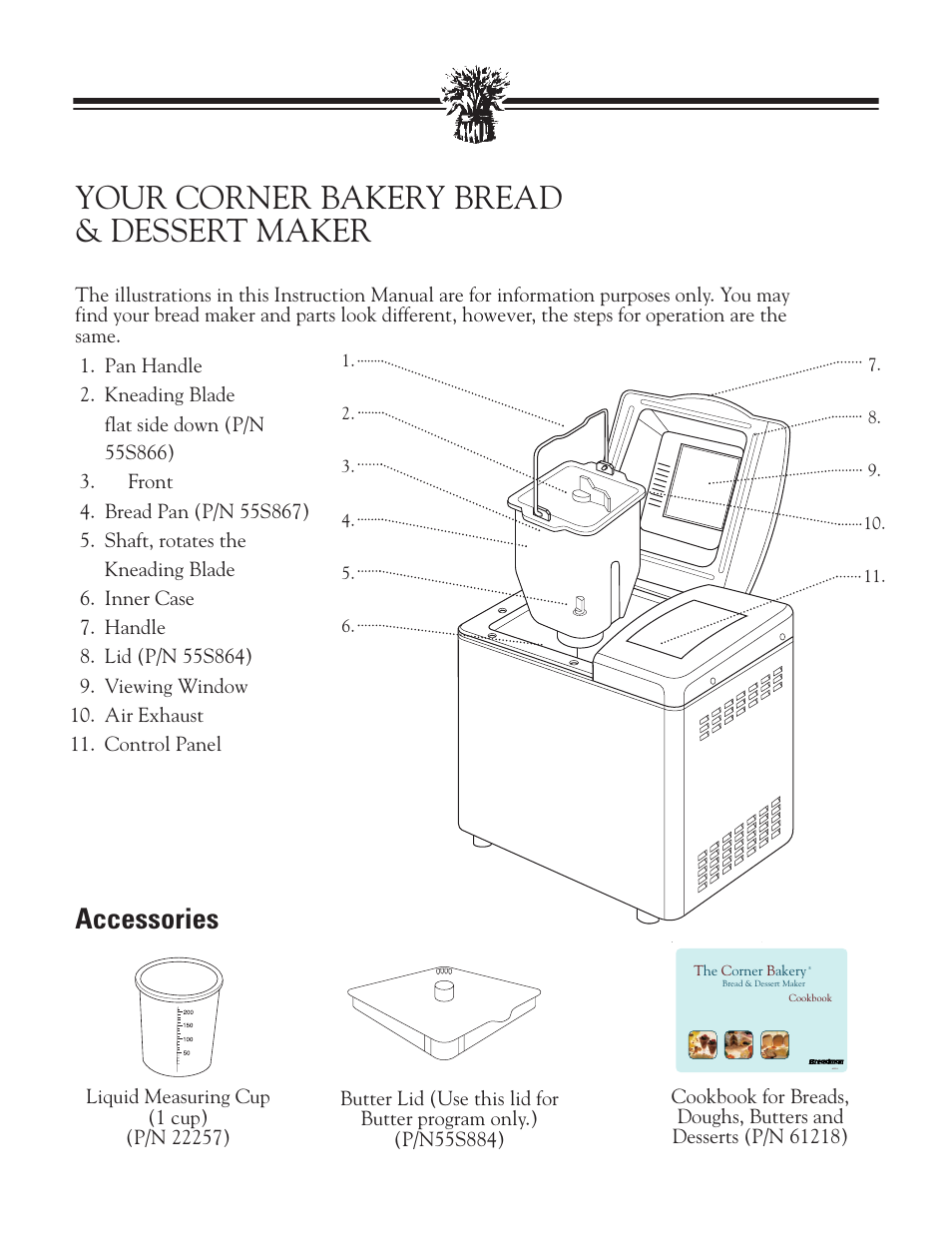 Your corner bakery bread & d, Your corner bakery bread & dessert maker, Accessories | Breadman TR888 User Manual | Page 6 / 30