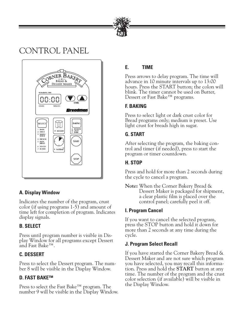 Control panel | Breadman TR888 User Manual | Page 7 / 30