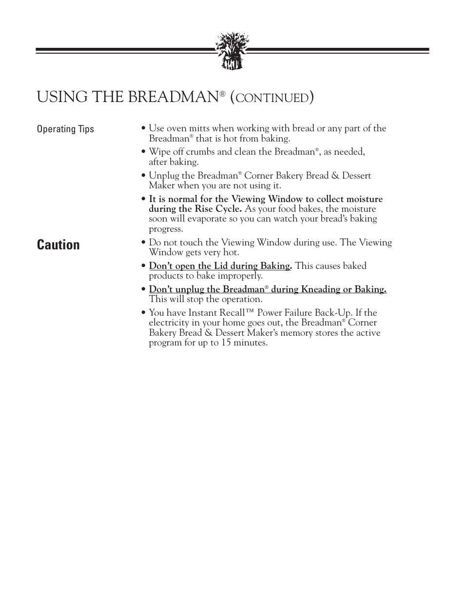 Using the breadman, Caution, Continued | Breadman TR888 User Manual | Page 9 / 30