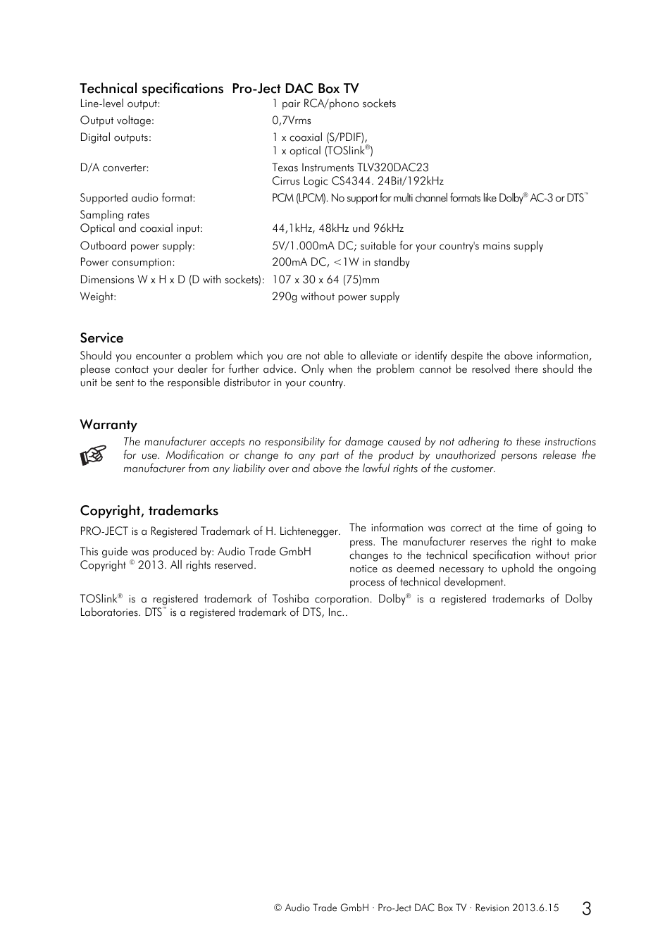 Technical specifications pro-ject dac box tv, Service, Warranty | Copyright, trademarks | Pro-Ject Audio Systems DAC Box TV User Manual | Page 3 / 3