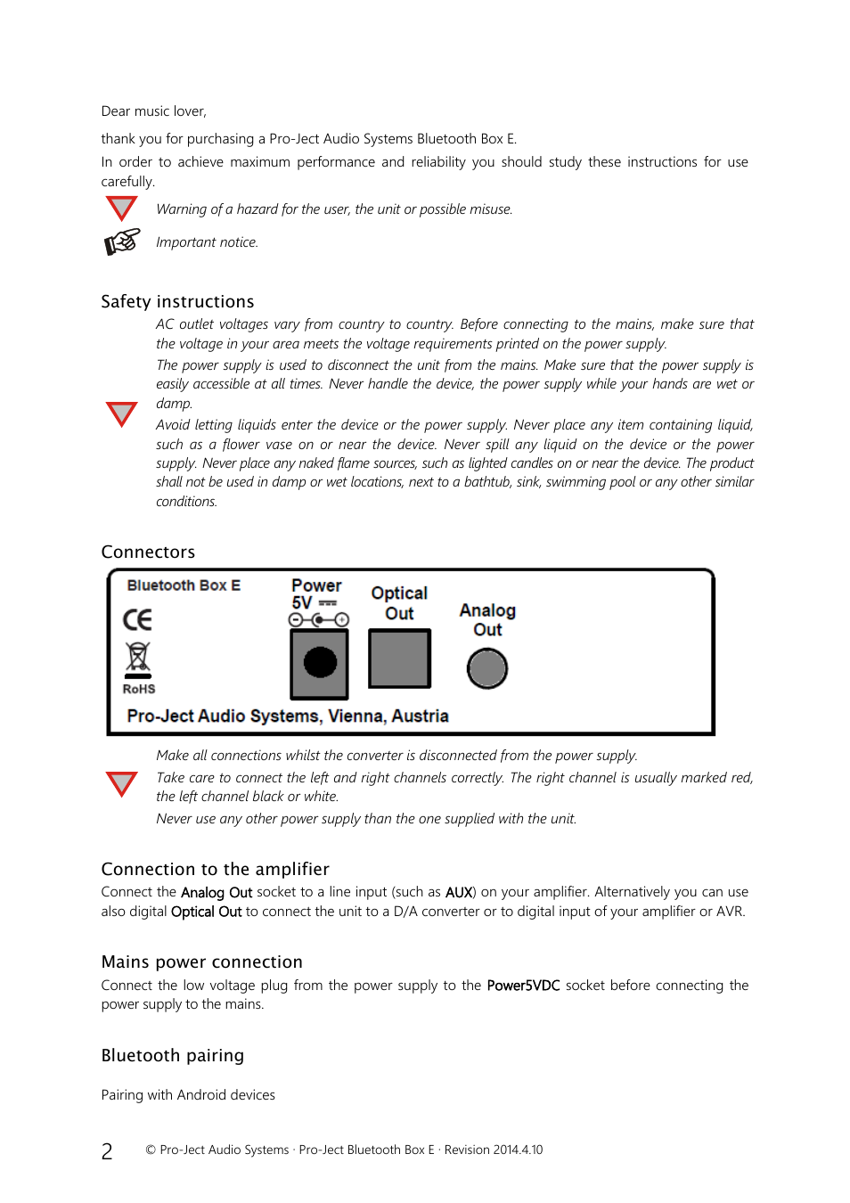 Important notice | Pro-Ject Audio Systems Bluetooth Box E User Manual | Page 2 / 4