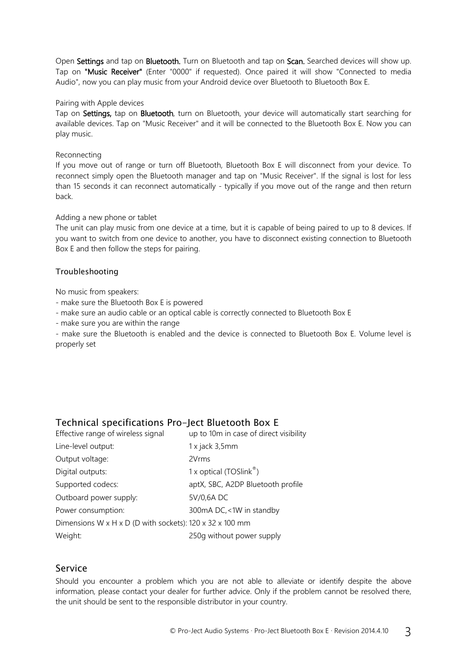 Service | Pro-Ject Audio Systems Bluetooth Box E User Manual | Page 3 / 4