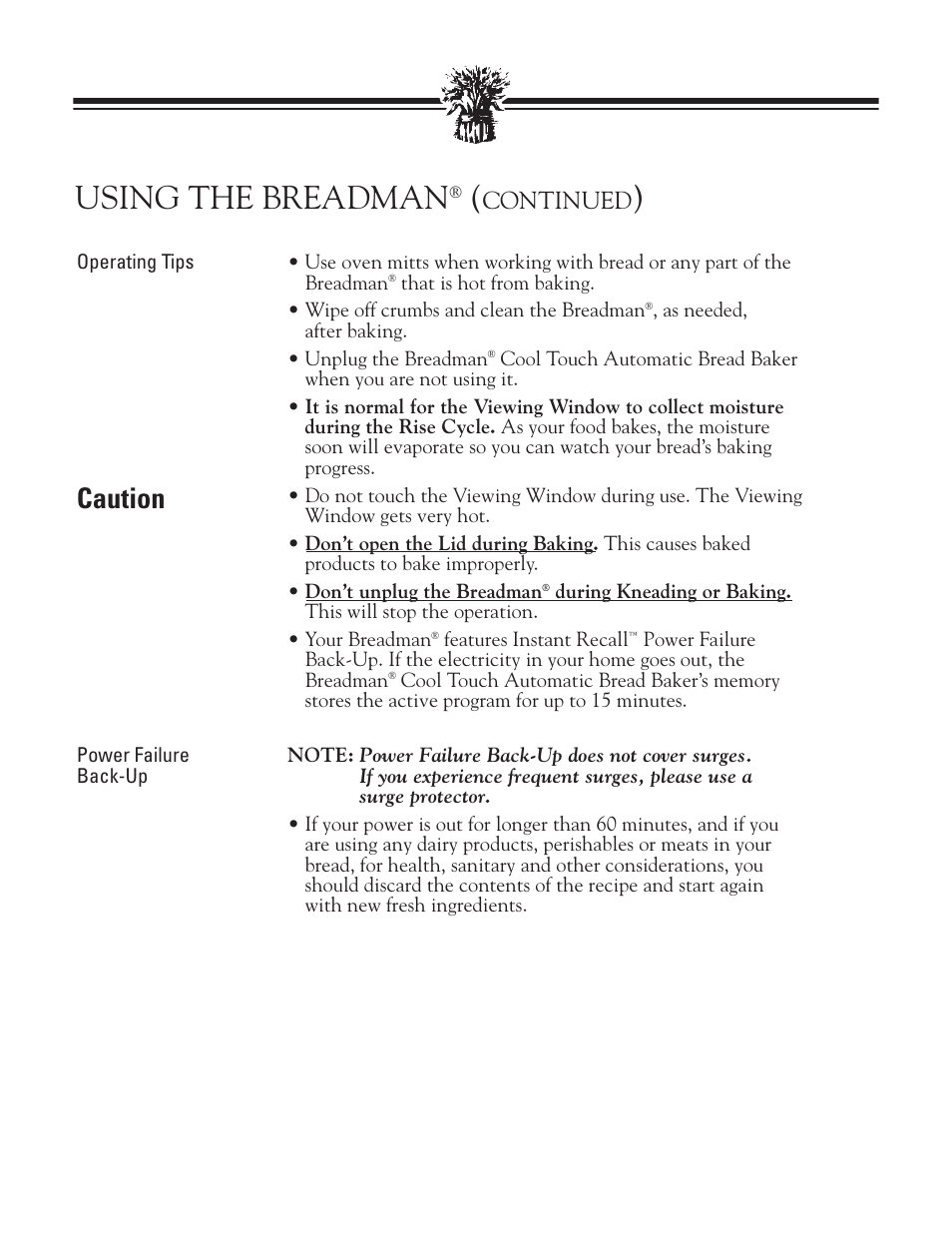 Using the breadman, Caution, Continued | Breadman BREAD BAKER TR2828G User Manual | Page 10 / 80
