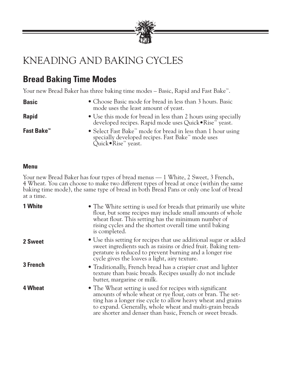Kneading and baking cycles, Bread baking time modes | Breadman BREAD BAKER TR2828G User Manual | Page 12 / 80