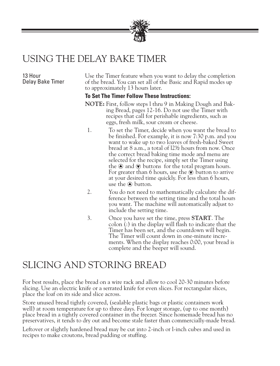 Using the delay bake timer, Slicing and storing bread | Breadman BREAD BAKER TR2828G User Manual | Page 20 / 80