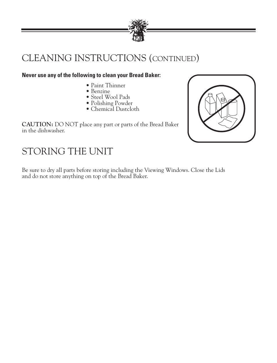 Cleaning instructions, Storing the unit | Breadman BREAD BAKER TR2828G User Manual | Page 22 / 80
