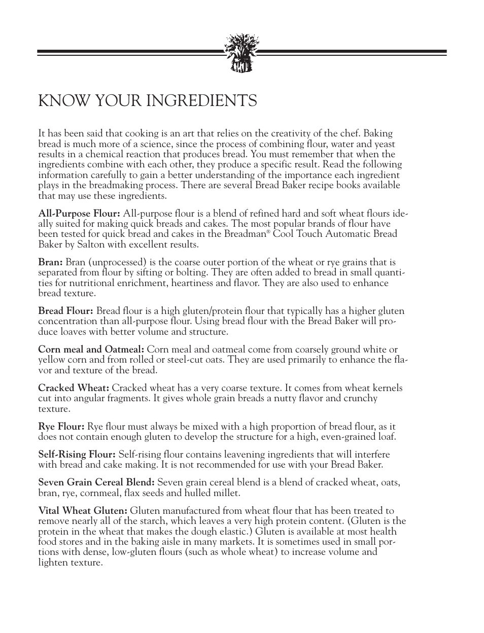 Know your ingredients | Breadman BREAD BAKER TR2828G User Manual | Page 24 / 80