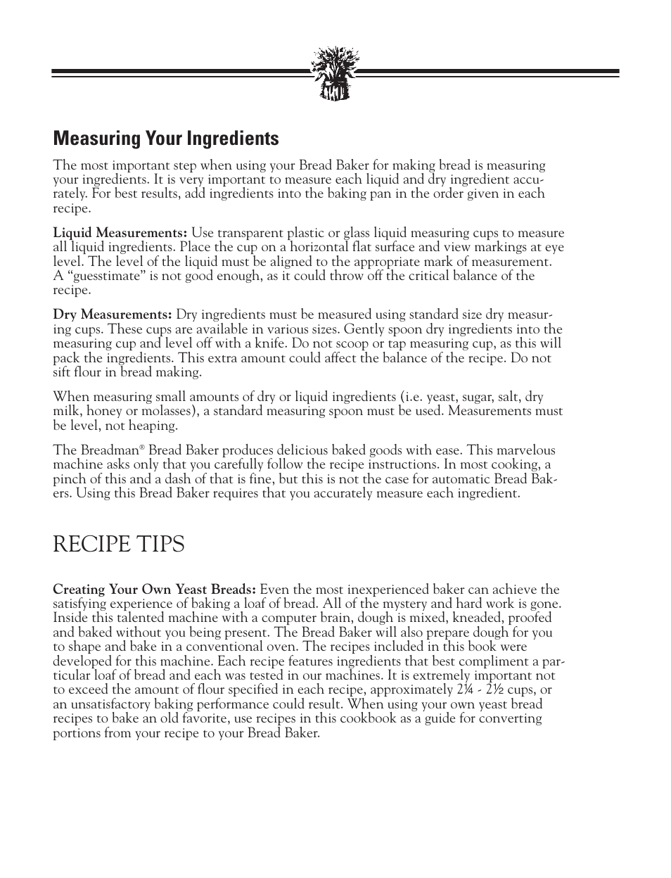 Recipe tips, Measuring your ingredients | Breadman BREAD BAKER TR2828G User Manual | Page 27 / 80