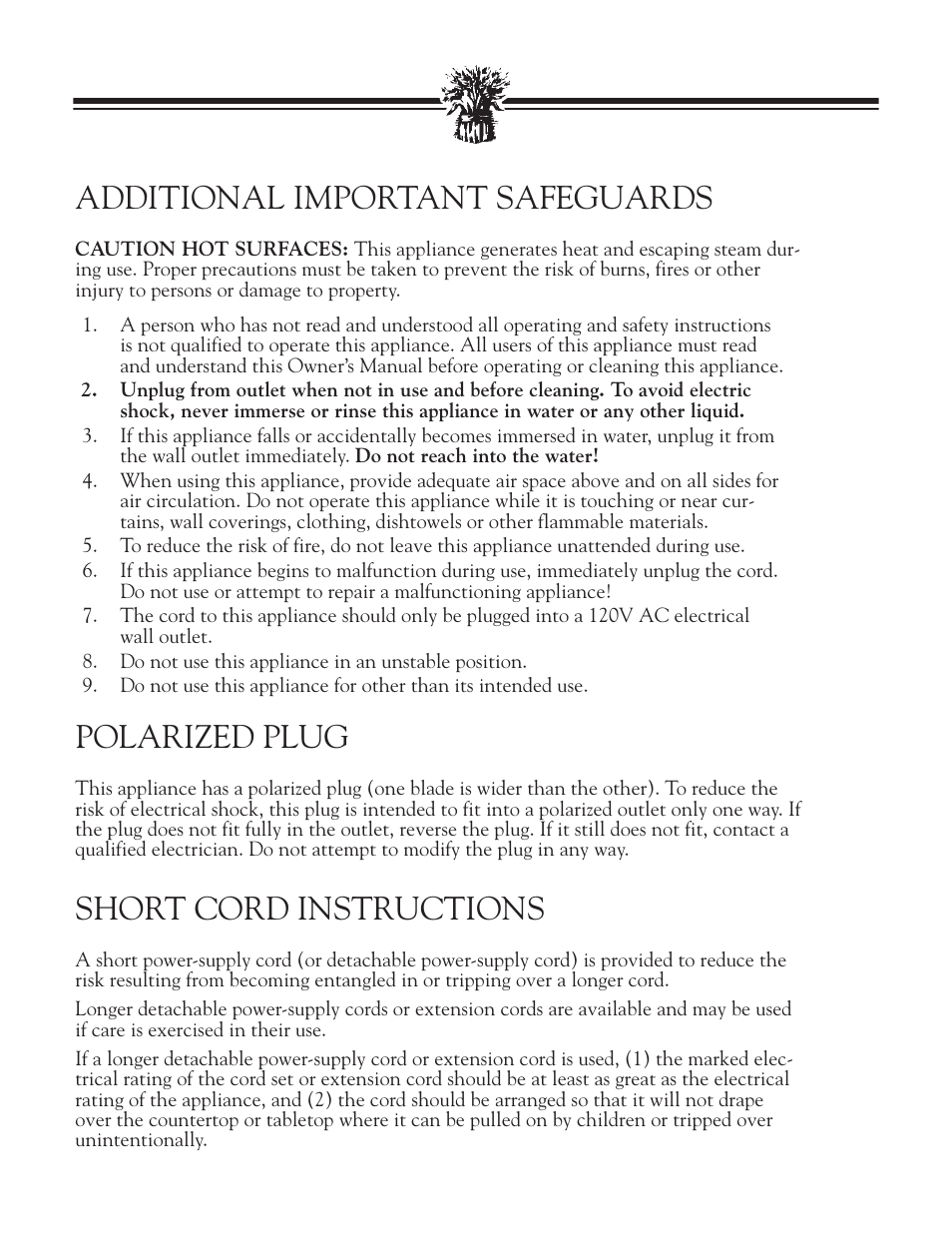 Additional important safeguards, Polarized plug, Short cord instructions | Breadman BREAD BAKER TR2828G User Manual | Page 4 / 80