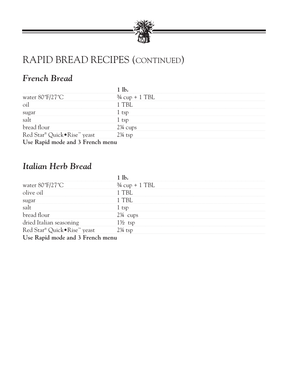 Light wheat bread, Whole wheat bread, Rapid bread recipes | French bread, Italian herb bread, Continued | Breadman BREAD BAKER TR2828G User Manual | Page 44 / 80