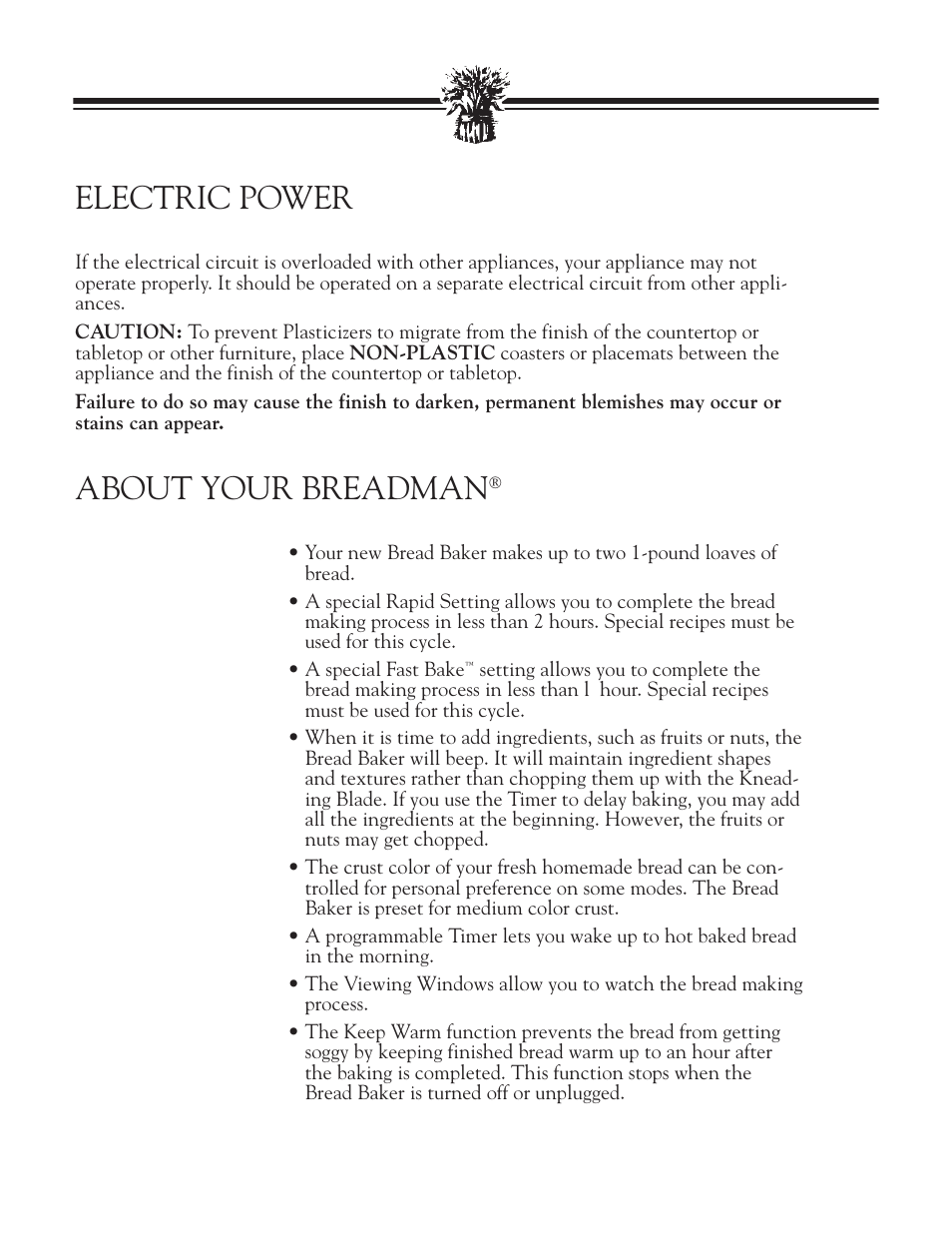 Electric power, About your breadman | Breadman BREAD BAKER TR2828G User Manual | Page 5 / 80