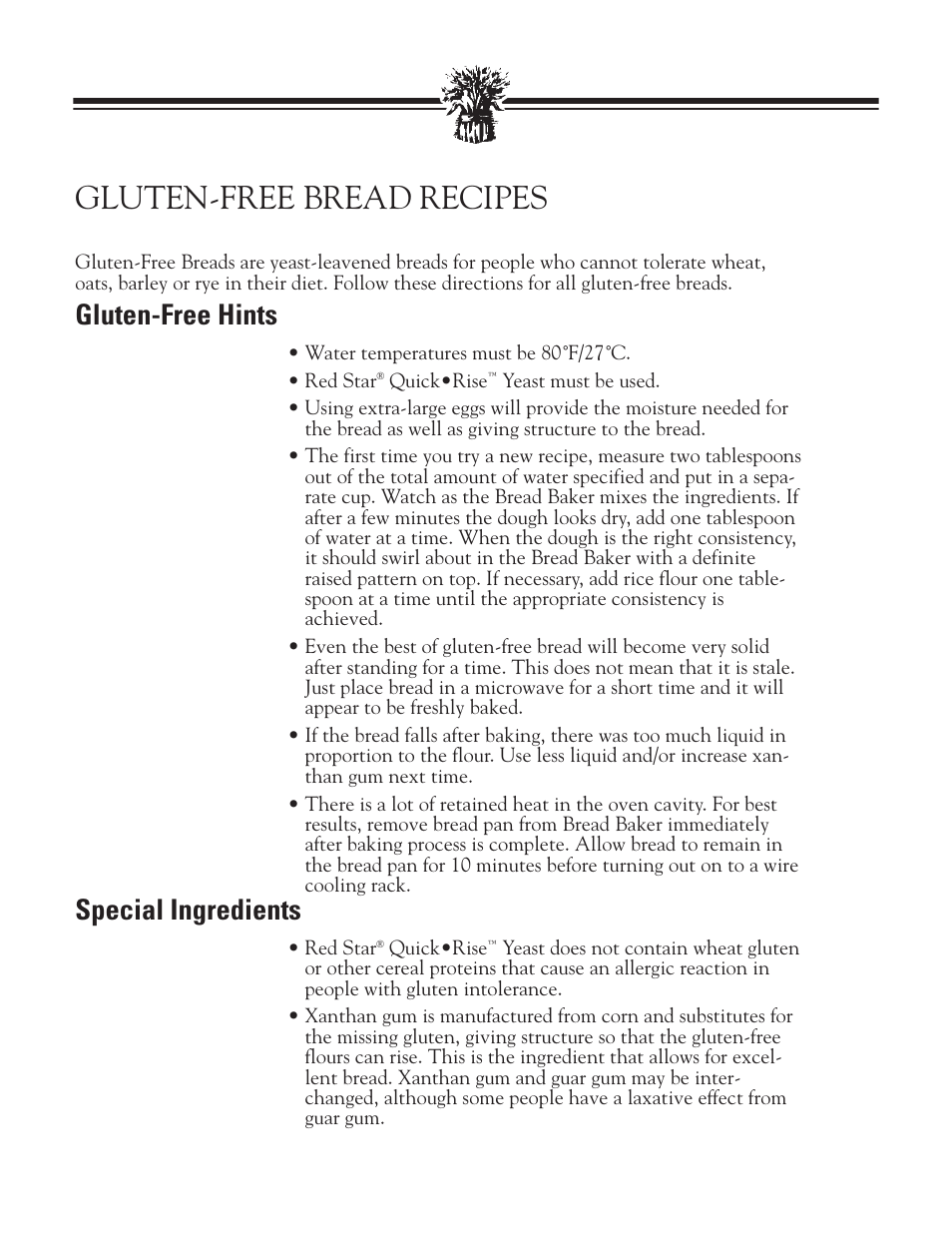 Gluten-free bread recipes, Gluten-free hints, Special ingredients | Breadman BREAD BAKER TR2828G User Manual | Page 51 / 80