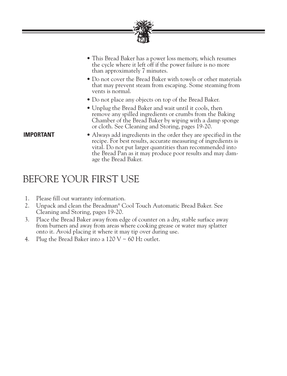 Before your first use | Breadman BREAD BAKER TR2828G User Manual | Page 6 / 80