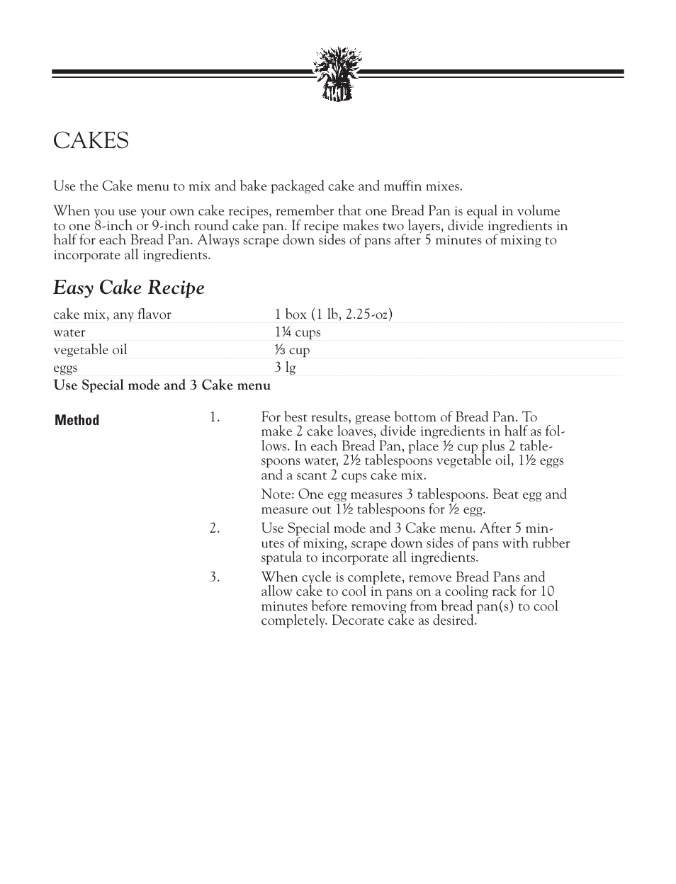 Cakes, Easy cake recipe | Breadman BREAD BAKER TR2828G User Manual | Page 66 / 80