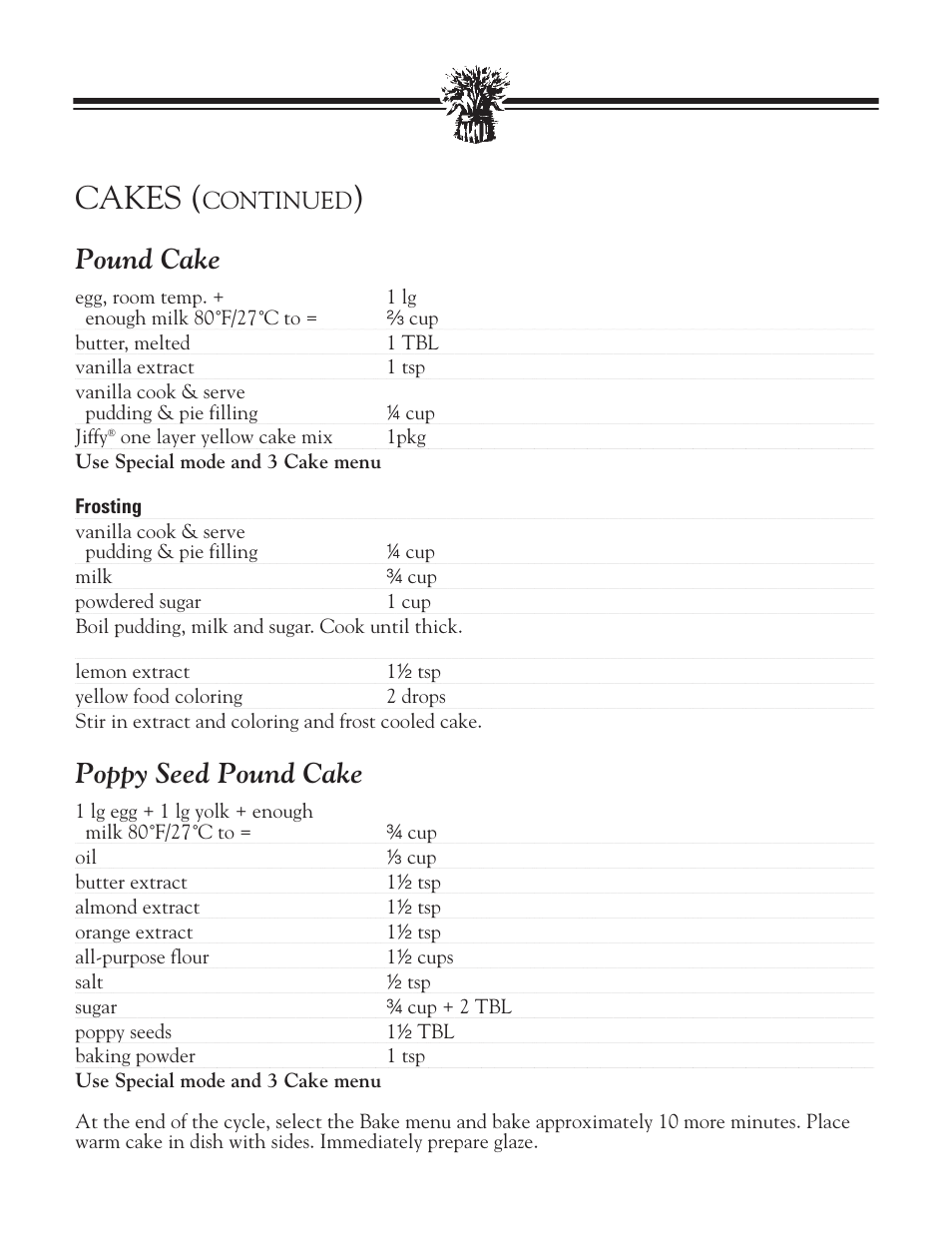 Butter cake, Bake, Cakes | Pound cake, Poppy seed pound cake, Continued | Breadman BREAD BAKER TR2828G User Manual | Page 69 / 80