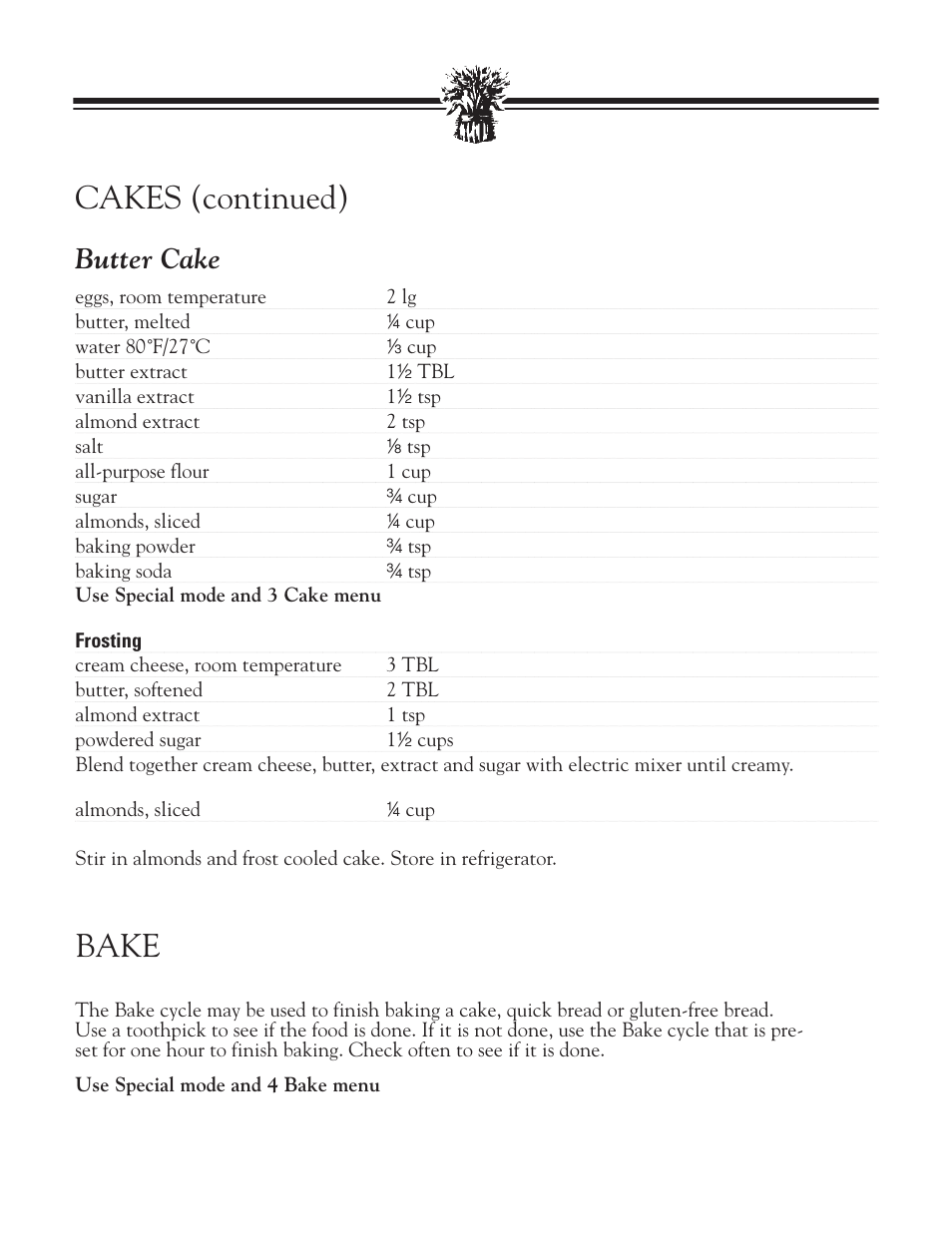 Cakes (continued), Bake, Butter cake | Breadman BREAD BAKER TR2828G User Manual | Page 71 / 80
