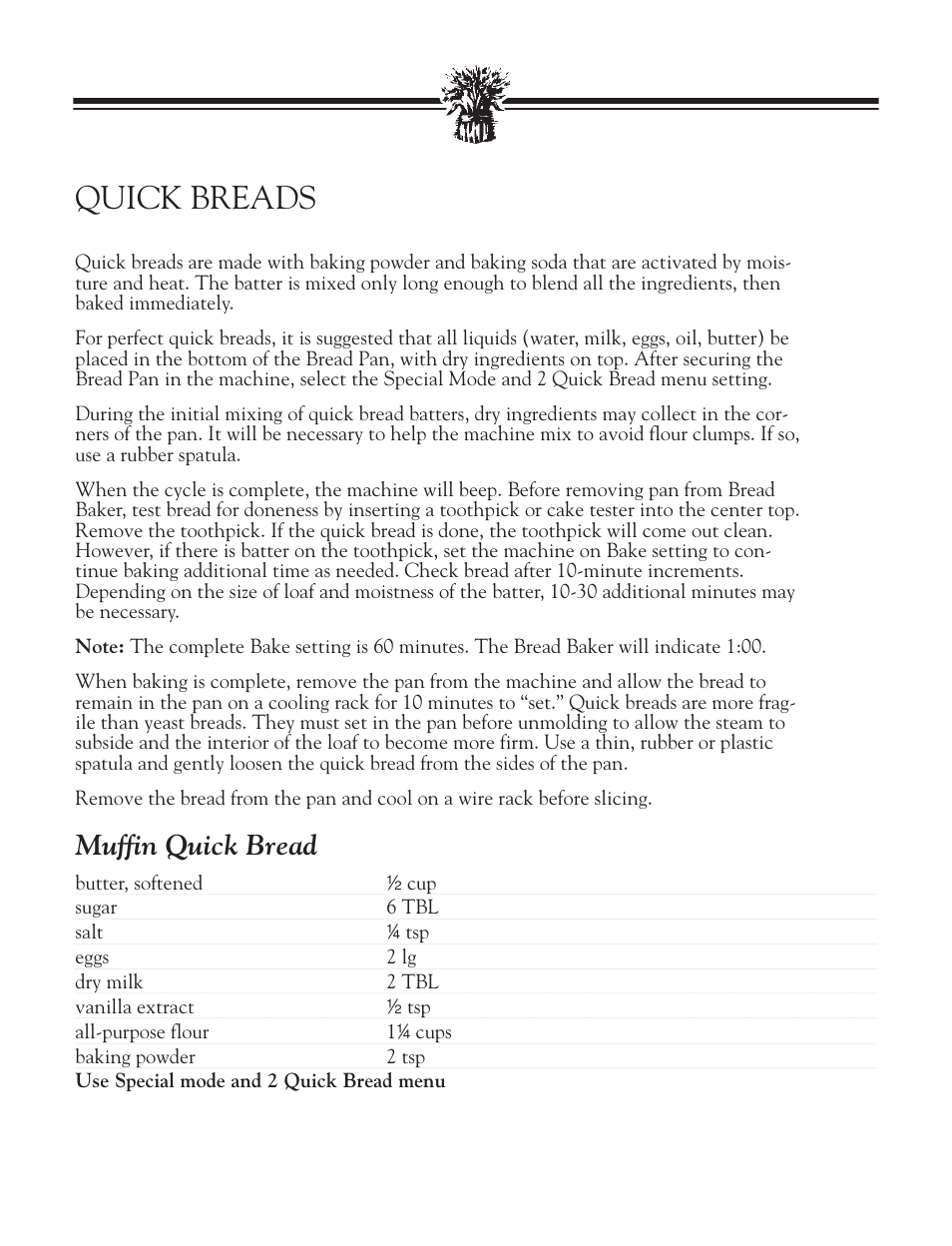 Quick breads, Muffin quick bread | Breadman BREAD BAKER TR2828G User Manual | Page 72 / 80