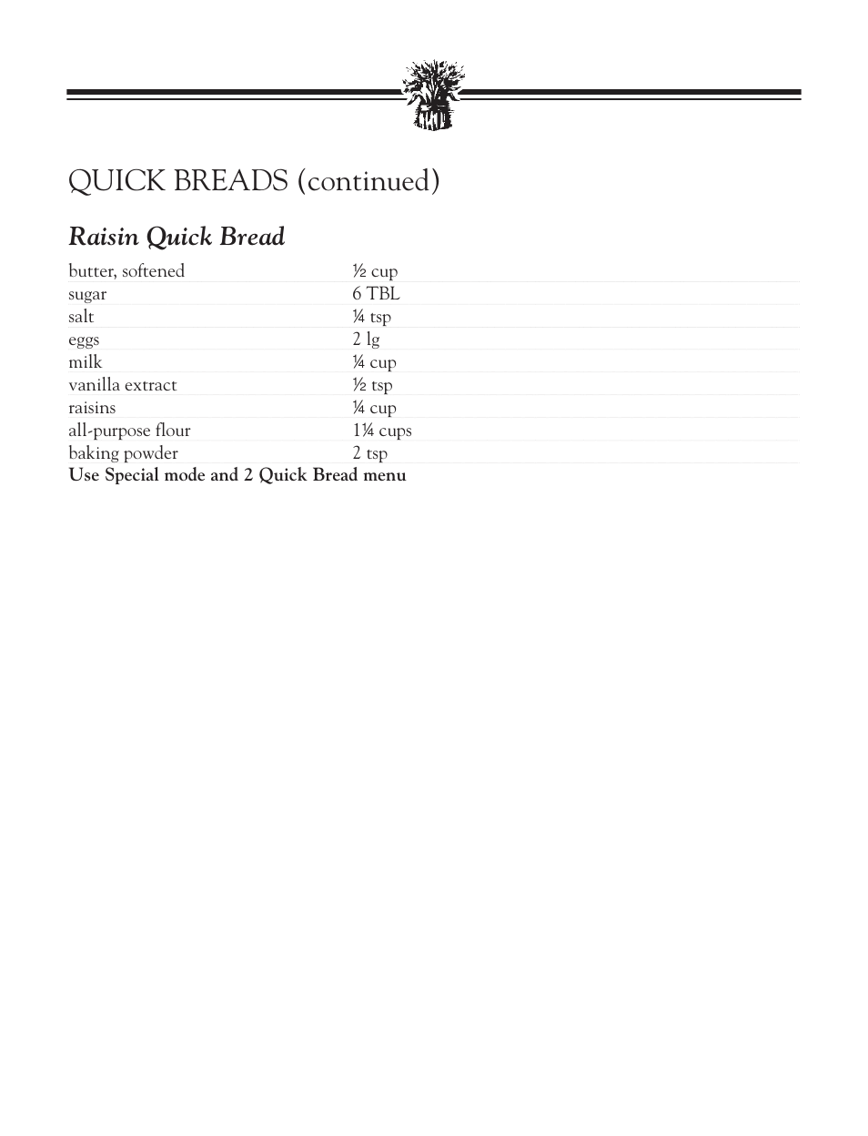 Quick breads (continued), Raisin quick bread | Breadman BREAD BAKER TR2828G User Manual | Page 73 / 80