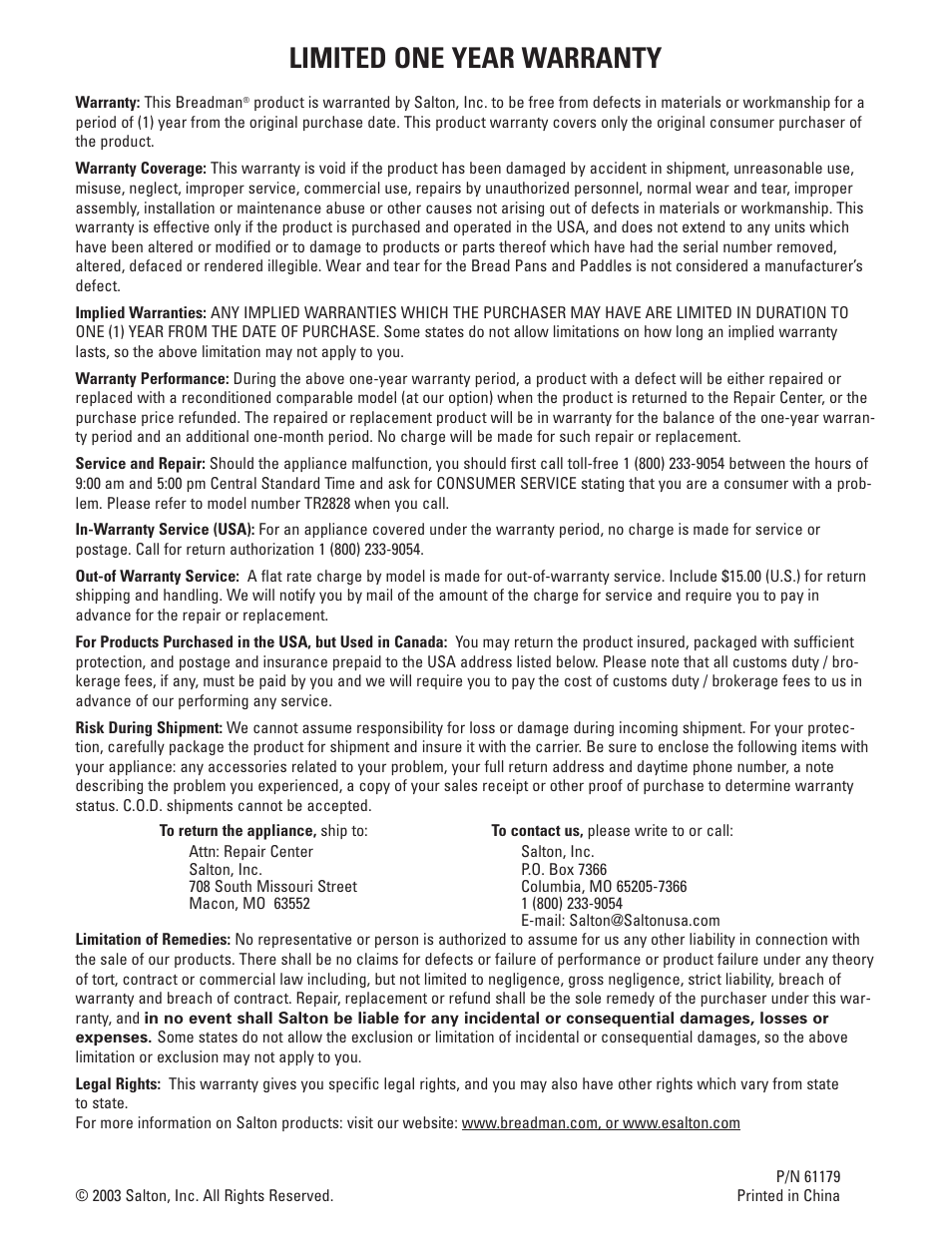 Limited one year warranty | Breadman BREAD BAKER TR2828G User Manual | Page 79 / 80