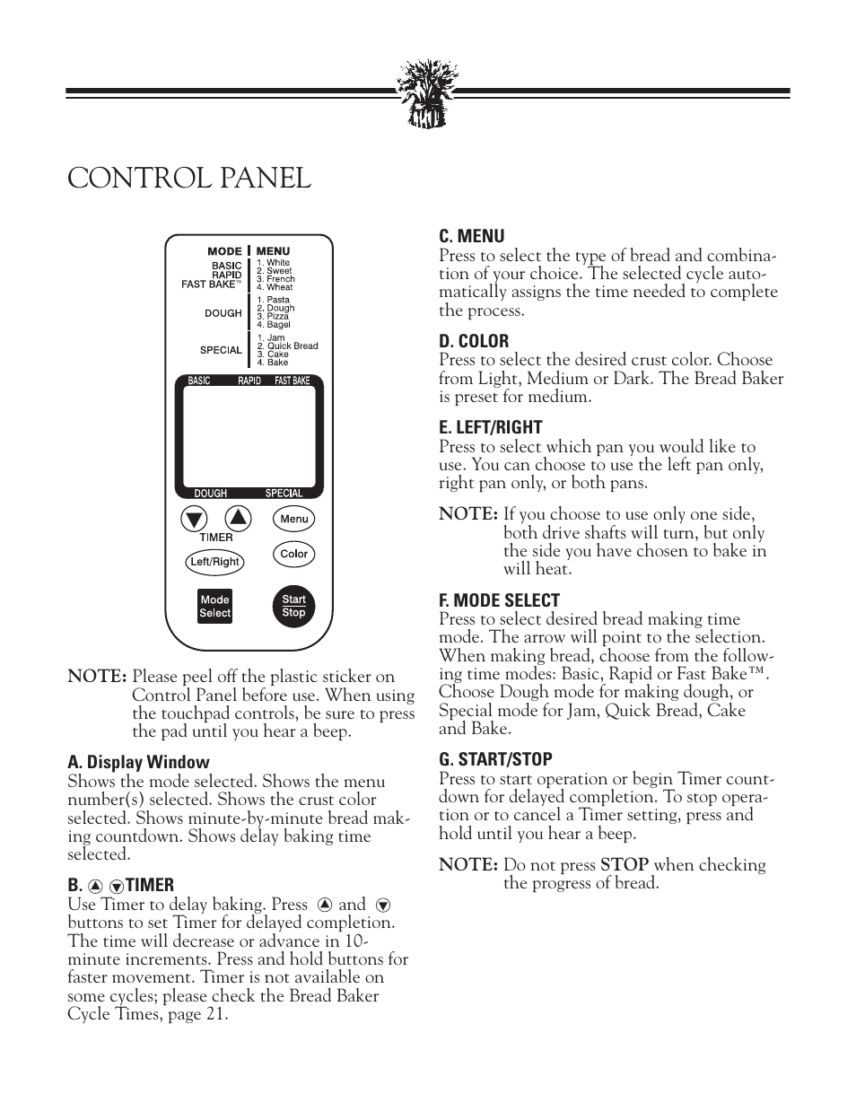 Control panel | Breadman BREAD BAKER TR2828G User Manual | Page 8 / 80