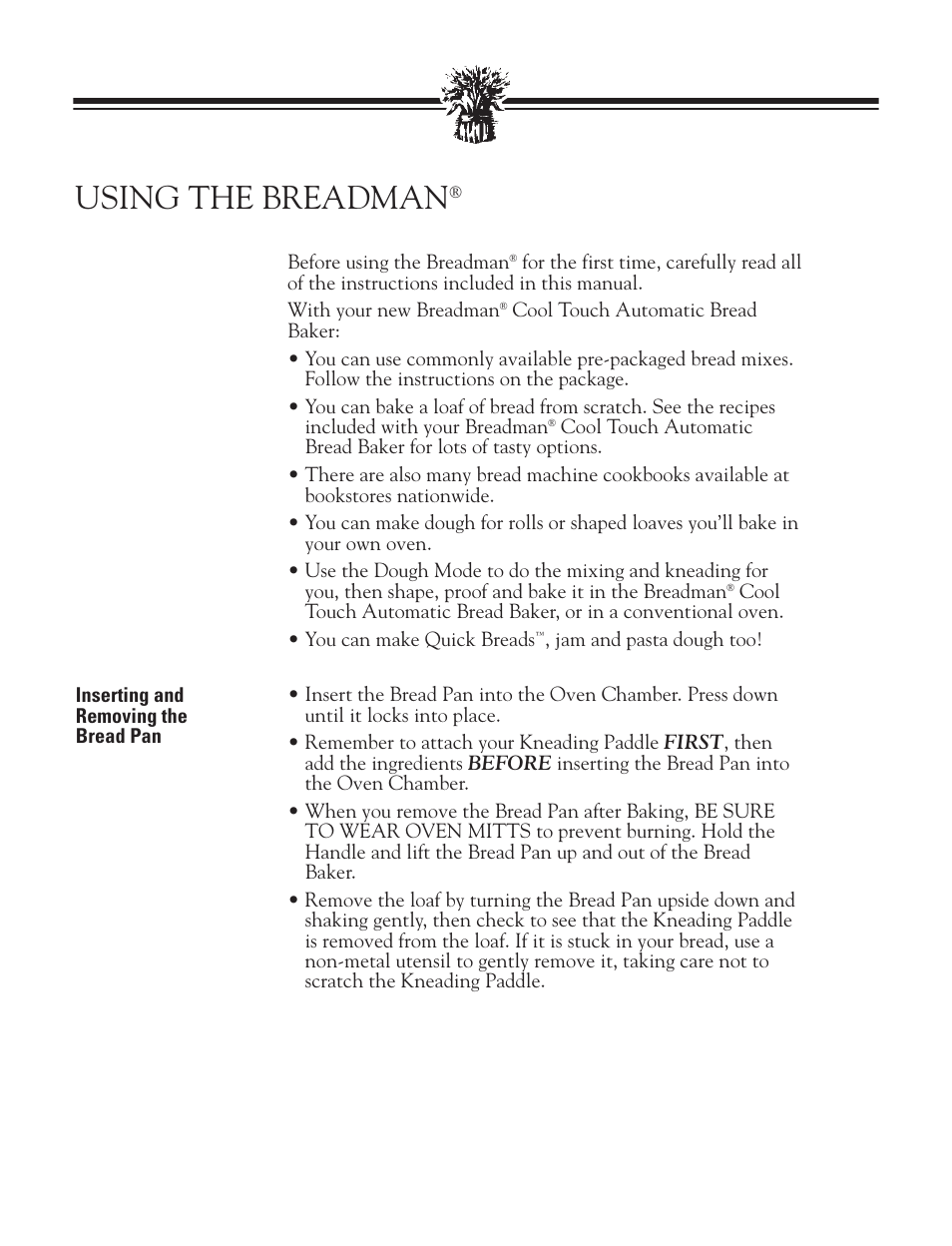 Using the breadman | Breadman BREAD BAKER TR2828G User Manual | Page 9 / 80