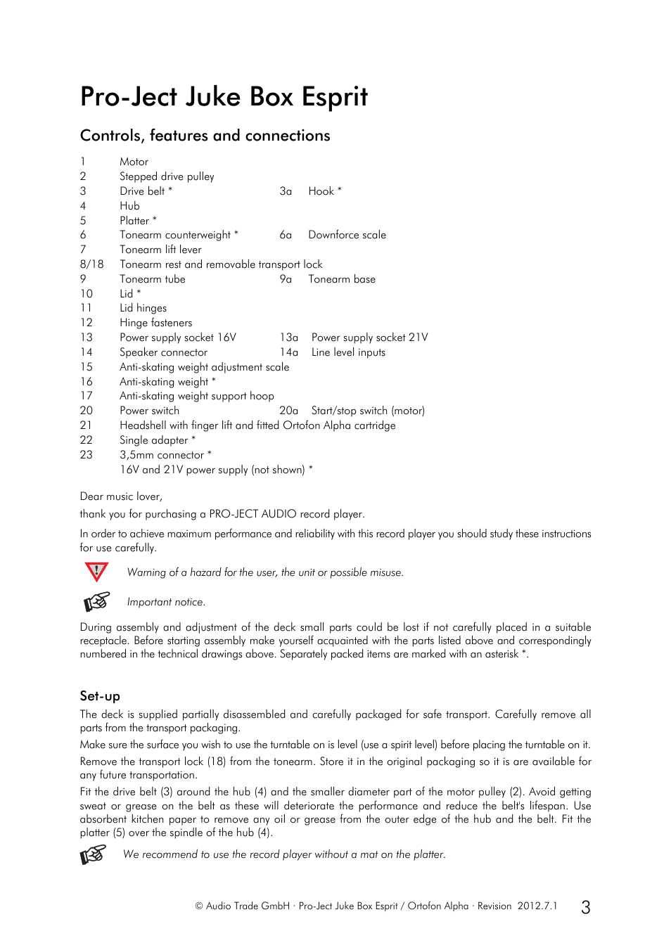 Pro-ject juke box esprit, Controls, features and connections | Pro-Ject Audio Systems Juke Box Esprit User Manual | Page 3 / 8