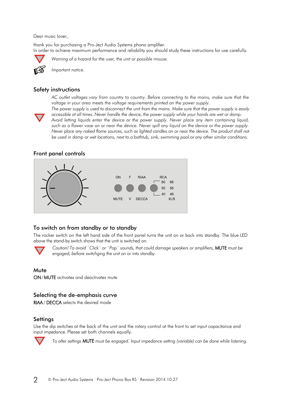 Safety instructions, Front panel controls, Mute | Selecting the de-emphasis curve, Settings | Pro-Ject Audio Systems Phono Box RS User Manual | Page 2 / 6