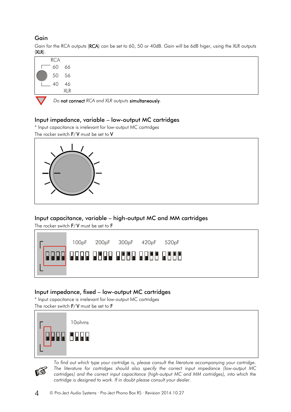 Gain, Input impedance, fixed – low-output mc cartridges | Pro-Ject Audio Systems Phono Box RS User Manual | Page 4 / 6