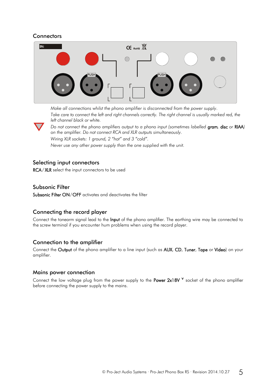 Connectors, Selecting input connectors, Subsonic filter | Connecting the record player, Connection to the amplifier, Mains power connection, Rca / xlr select the input connectors to be used | Pro-Ject Audio Systems Phono Box RS User Manual | Page 5 / 6