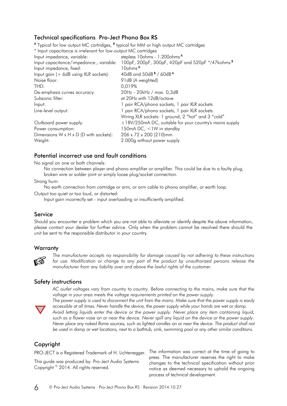 Technical specifications pro-ject phono box rs, Potential incorrect use and fault conditions, Service | Warranty, Safety instructions, Copyright | Pro-Ject Audio Systems Phono Box RS User Manual | Page 6 / 6