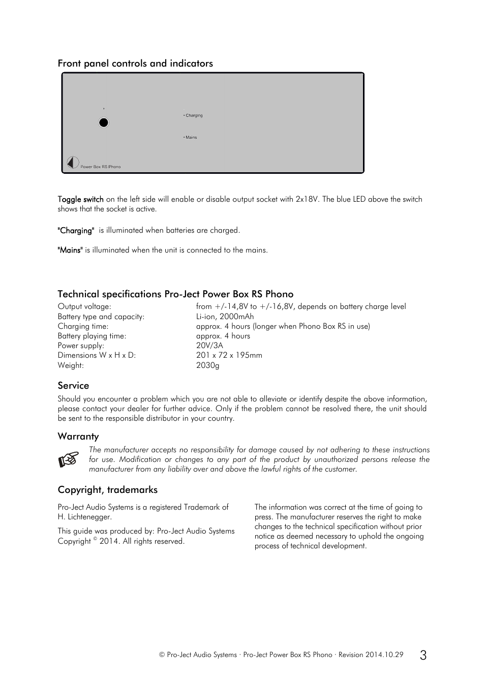 Front panel controls and indicators, Service, Warranty | Copyright, trademarks | Pro-Ject Audio Systems Power Box RS Phono User Manual | Page 3 / 3