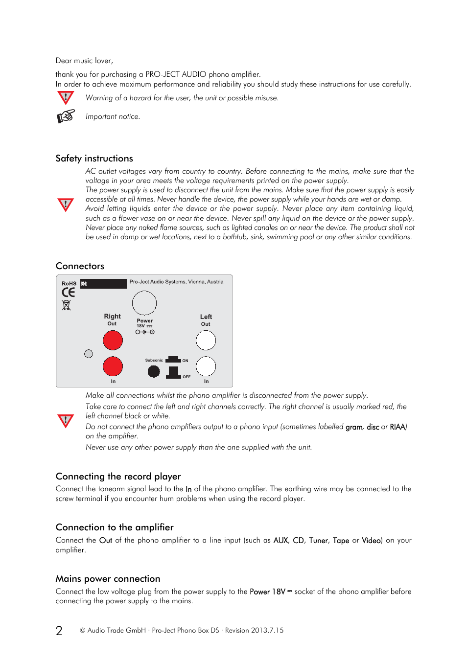 Safety instructions, Connectors, Connecting the record player | Connection to the amplifier, Mains power connection | Pro-Ject Audio Systems Phono Box DS User Manual | Page 2 / 4