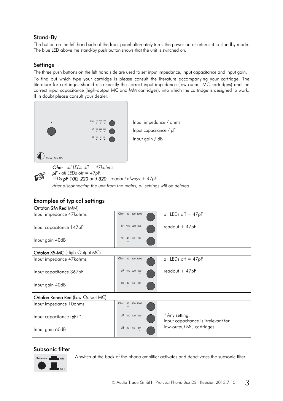 Stand-by, Settings, Examples of typical settings | Subsonic filter | Pro-Ject Audio Systems Phono Box DS User Manual | Page 3 / 4