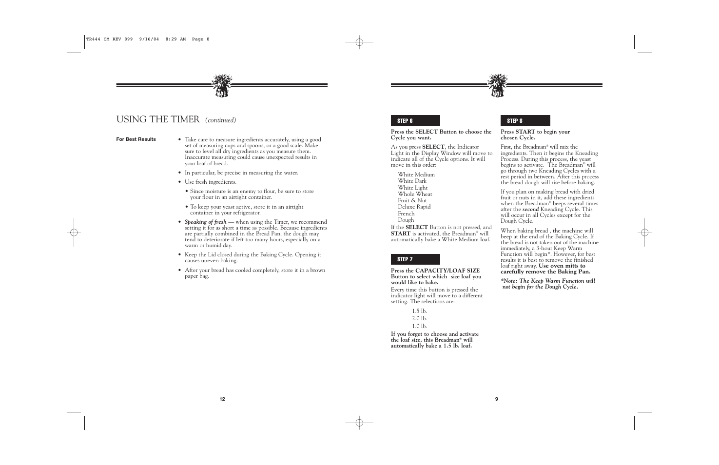 Using the timer, Continued) | Breadman BREAD BAKER TR444 User Manual | Page 11 / 24