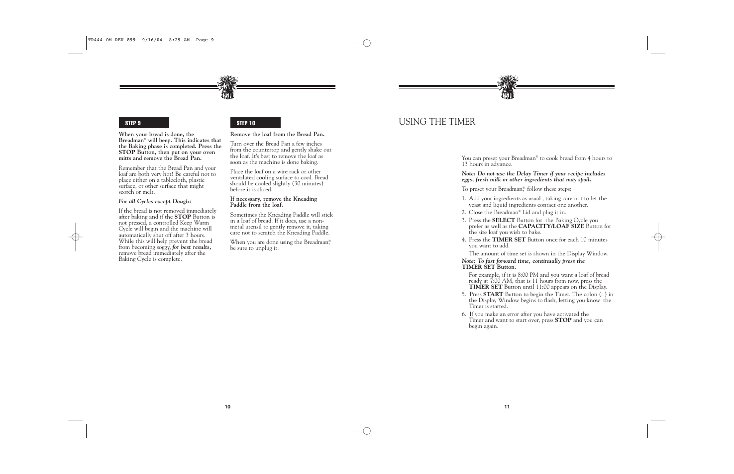 Using the timer | Breadman BREAD BAKER TR444 User Manual | Page 12 / 24