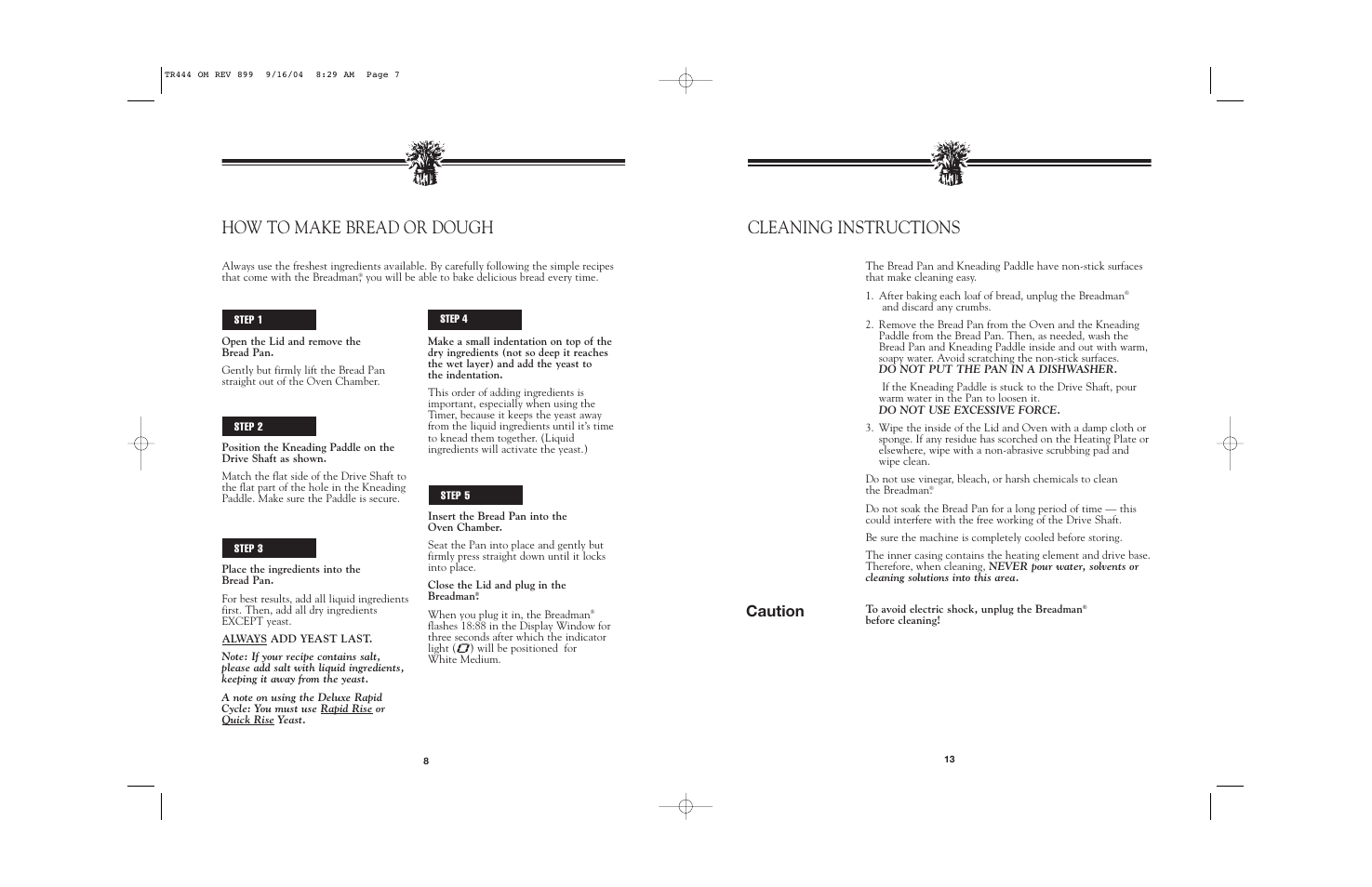 Cleaning instructions, How to make bread or dough, Caution | Breadman BREAD BAKER TR444 User Manual | Page 15 / 24