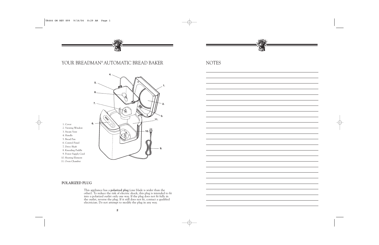Your breadman, Automatic bread baker, Polarized plug | Breadman BREAD BAKER TR444 User Manual | Page 21 / 24